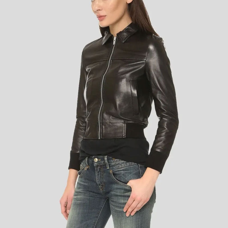 Halle Shirt Collar Black Bomber Leather Jacket