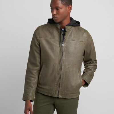 Men's Snake Print Leather Jacket In Moss Green