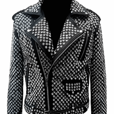 Men's Studded Biker Leather Jacket In Black