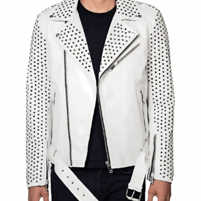 Men's Studded Biker Leather Jacket In White