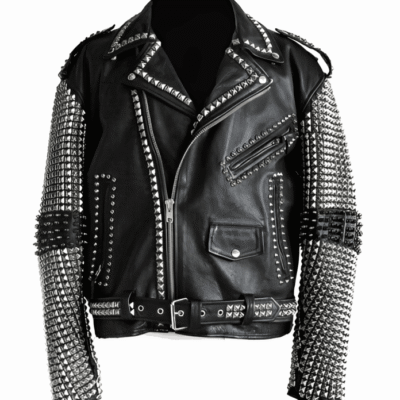 Men's Studded Leather Biker Jacket In Black