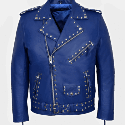 Men's Studded Leather Biker Jacket In Blue