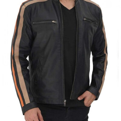 Harland Stripe Black Leather Cafe Racer Style Jacket for Men