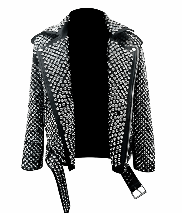 Men’s Studded Biker Leather Jacket In Black