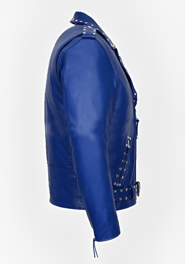 Men’s Studded Leather Biker Jacket In Blue
