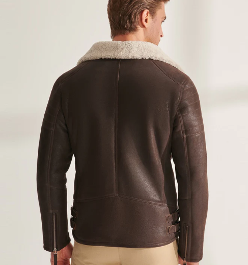 Men’s Fur Shearling Biker Leather Jacket in Dark Brown