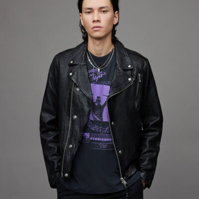 Men's Leather Vintage Biker Jacket In Black
