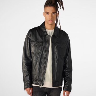 Men's Trendy Leather Harrington Jacket In Black