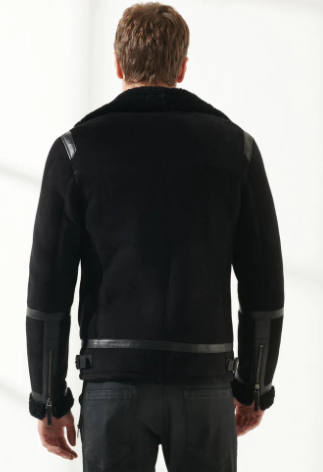 Men’s Sheepskin Aviator Biker Leather Jacket In Black