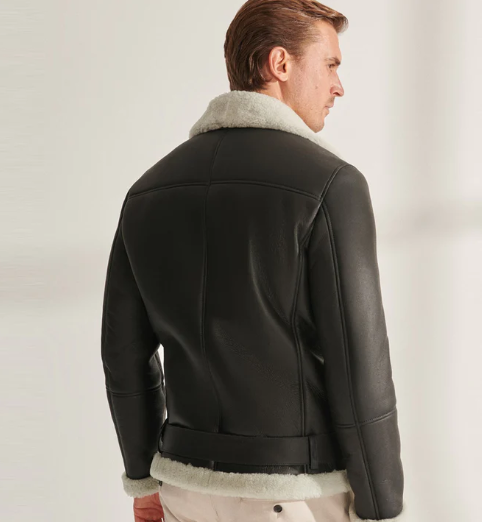 Men’s Shearling Aviator Biker Leather Jacket In Black