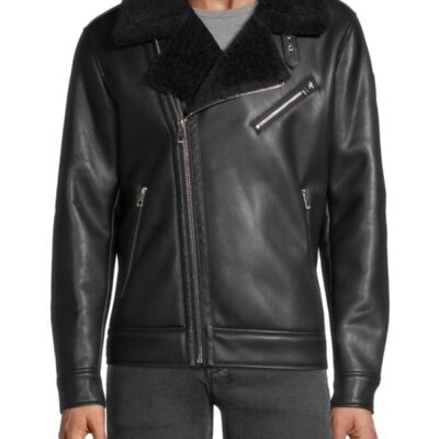 Men's Sheepskin Leather Shearling Biker Jacket In Back