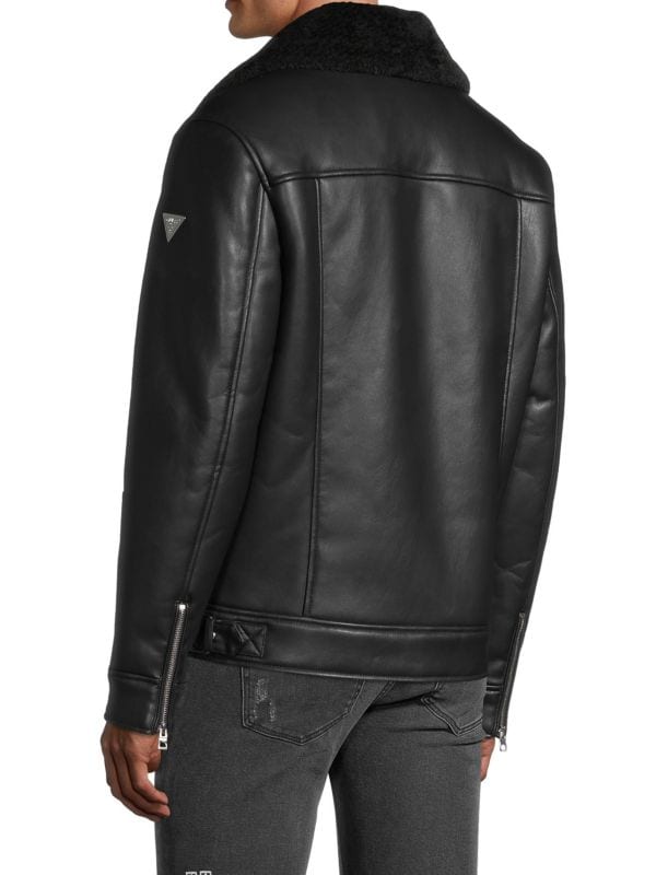 Men’s Sheepskin Leather Shearling Biker Jacket In Back