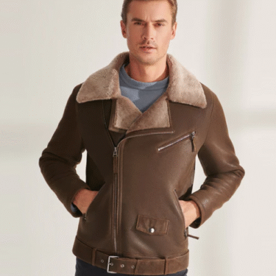 Men's Shearling Aviator Biker Leather Jacket In Dark Brown