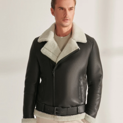 Men's Shearling Aviator Biker Leather Jacket In Black