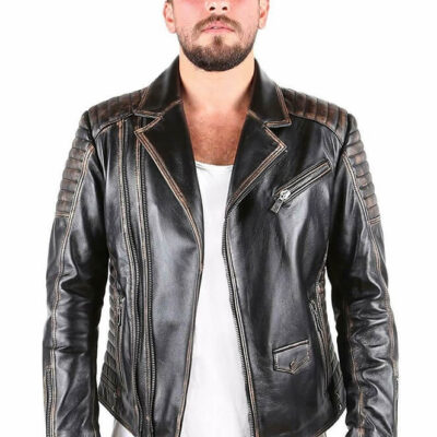 Men's Biker Distressed Leather Jacket In Black
