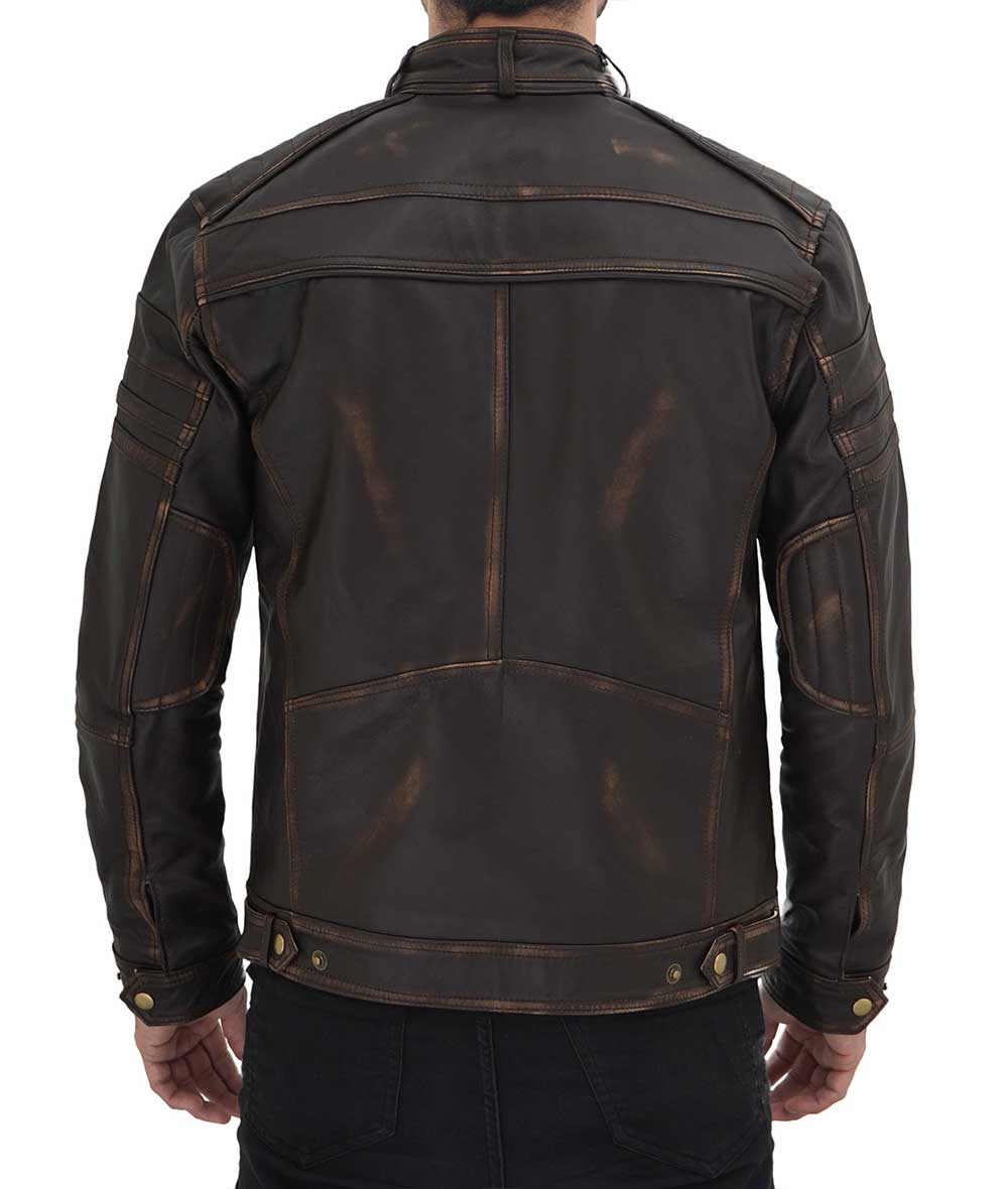 Men’s Cafe Racer Distressed Leather Jacket In Coffee Brown