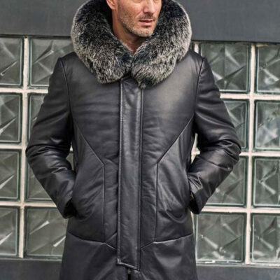 Leather Down Jacket With Fox Fur Collar Hooded Winter Overcoat Long Warm Outwear