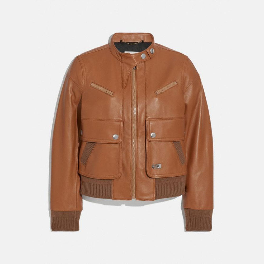 1-46-1.jpg Women Brown Lambskin Bomber Biker Leather Jacket - Image 1