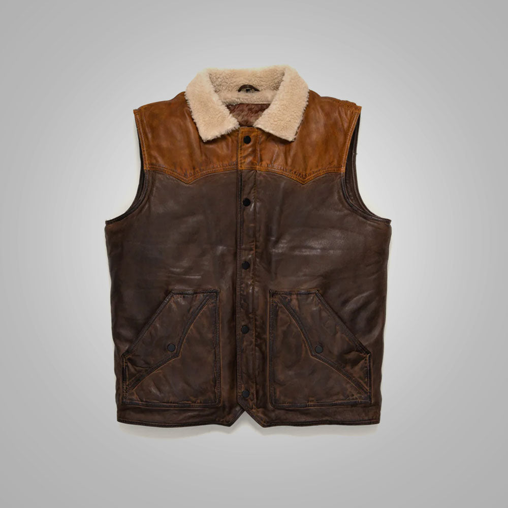 14.jpg Mens Brown Shearling Fur Sheepskin Leather Vest - Image 1