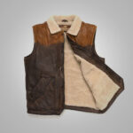 Mens Brown Shearling Fur Sheepskin Leather Vest - Image 3