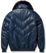 Navy Leather V-Bomber Jacket - Image 2