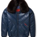 Navy Leather V-Bomber Jacket