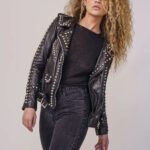 Women Black Style Silver Spiked Studded Leather Biker jacket