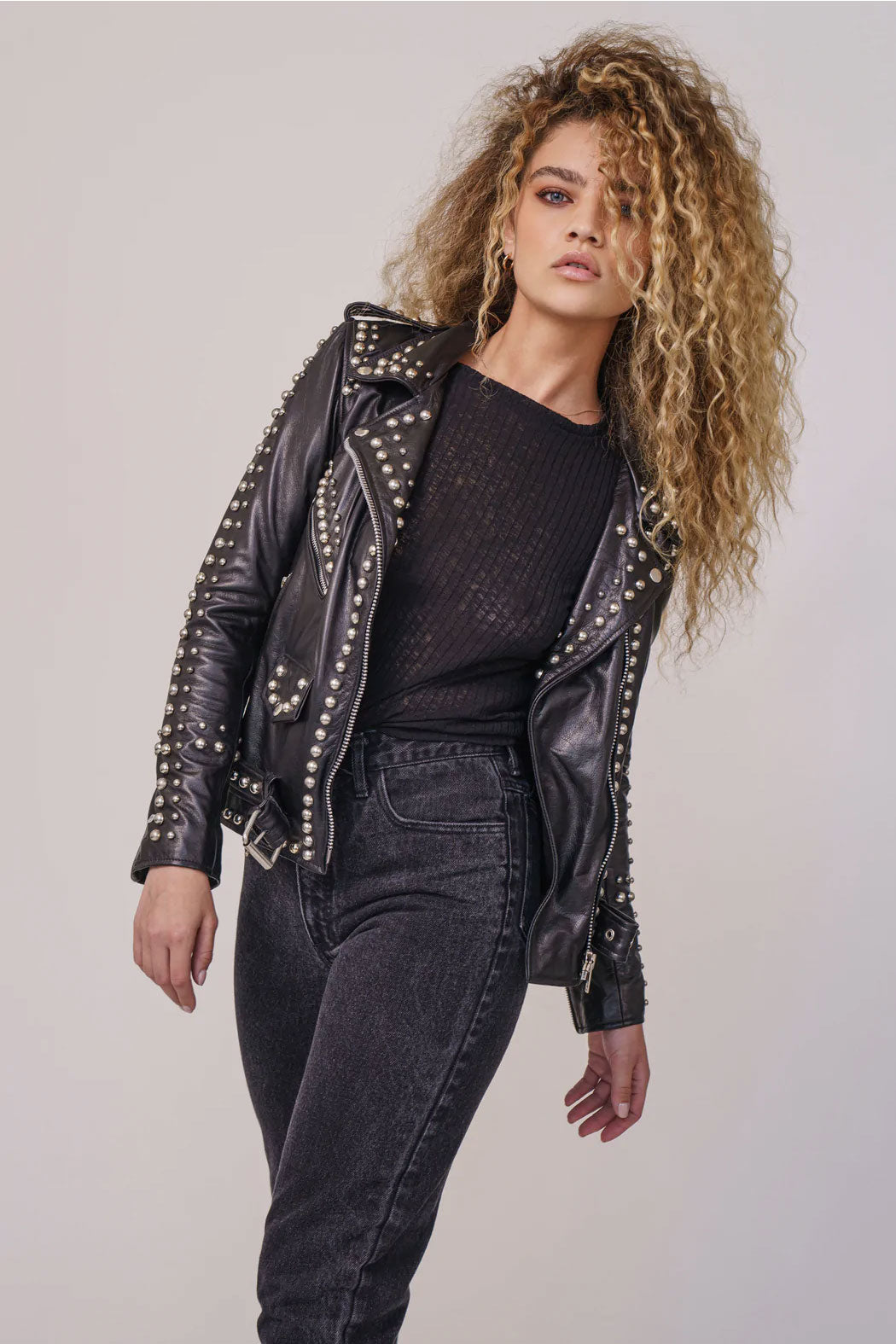 1_02afc7bc-da92-463a-b967-4f6f67eef269.jpg Women Black Style Silver Spiked Studded Leather Biker jacket - Image 1