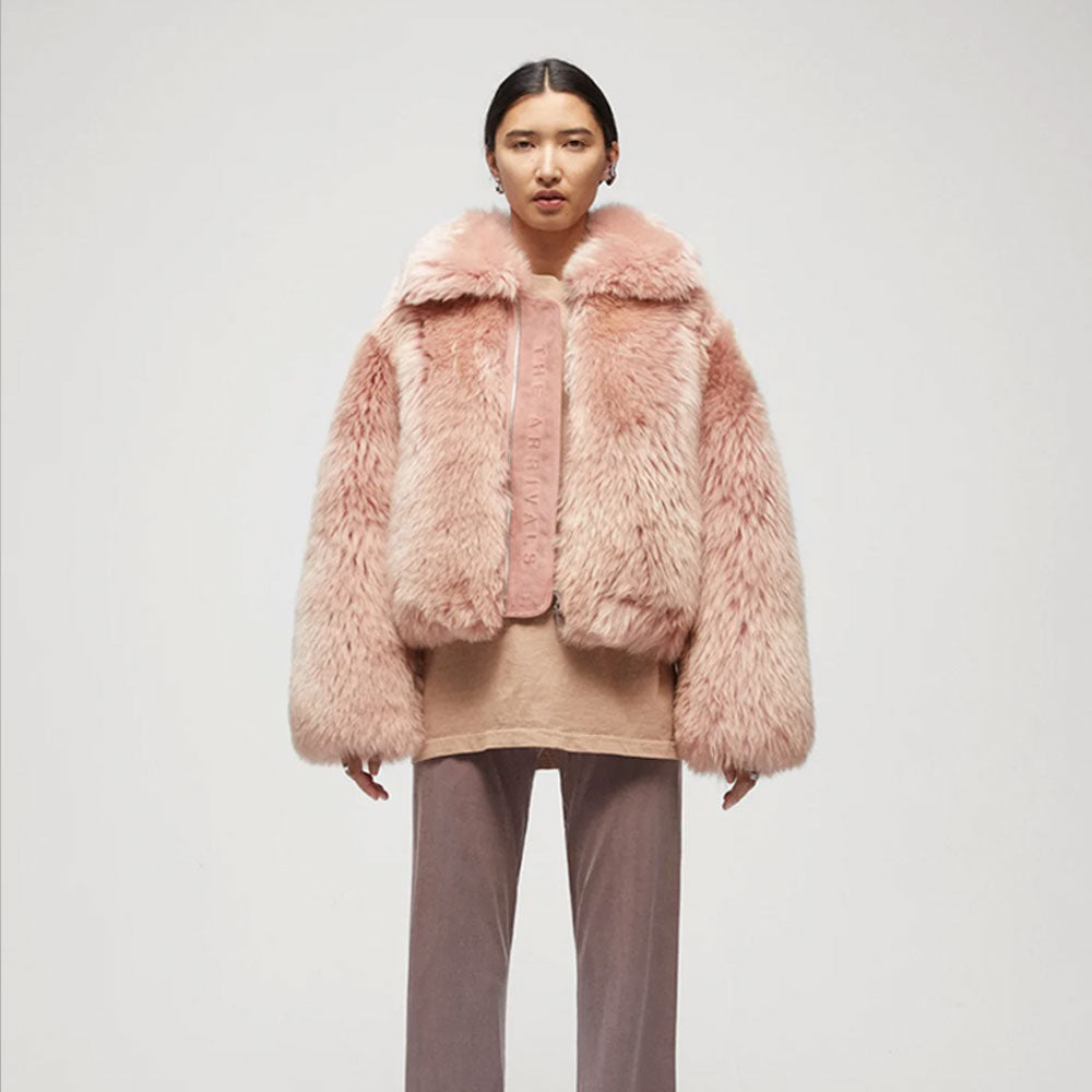 1_106e99ba-f087-42a0-8f48-e36d2a4c76c6.jpg Womens Pink Shearling Short Fox Fur Leather Jacket - Image 1