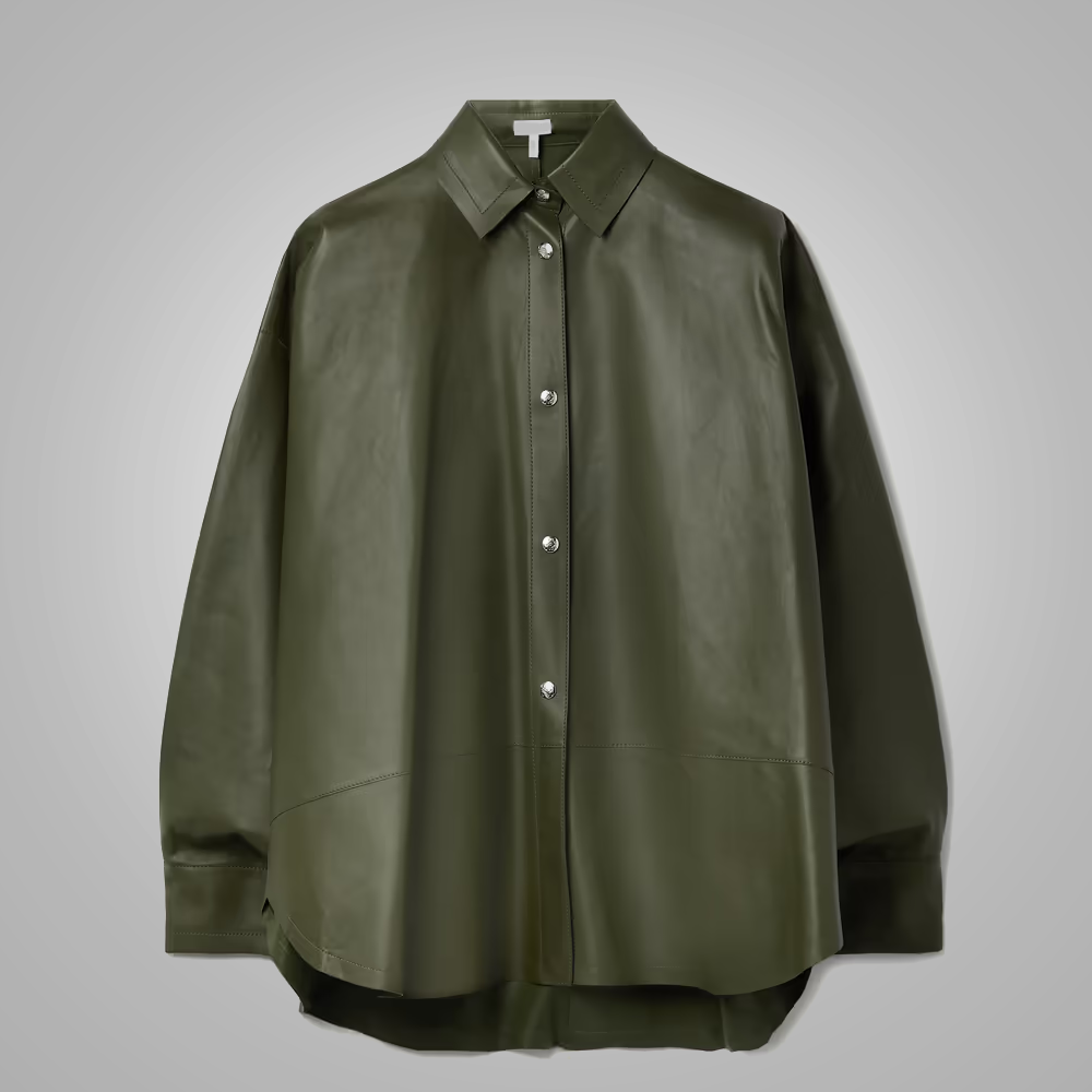 1_443776fe-c8d8-4c76-93d2-613adcaa5973.png New Women's Green Soft Smart Collar Leather Shirt - Image 1