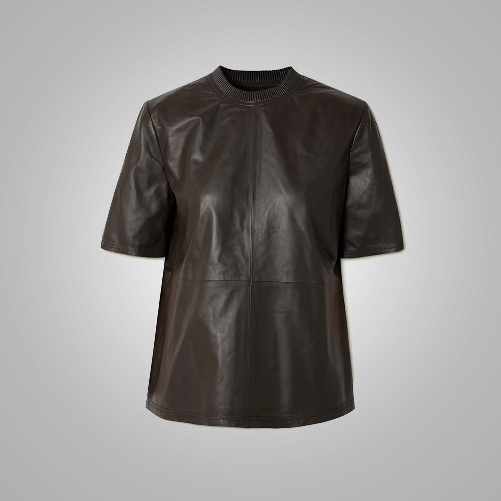 1_5847a951-c031-47e4-839d-51925fe5dfe4.jpg Women's Half sleeves Smooth soft choclate colour Leather Shirt - Image 1