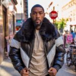 MEN V BOMBER JACKET - BLACK & WHITE WITH BLACK FUR