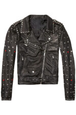 Black Women Spiked Studded Leather Motorcycle Jacket - Image 2