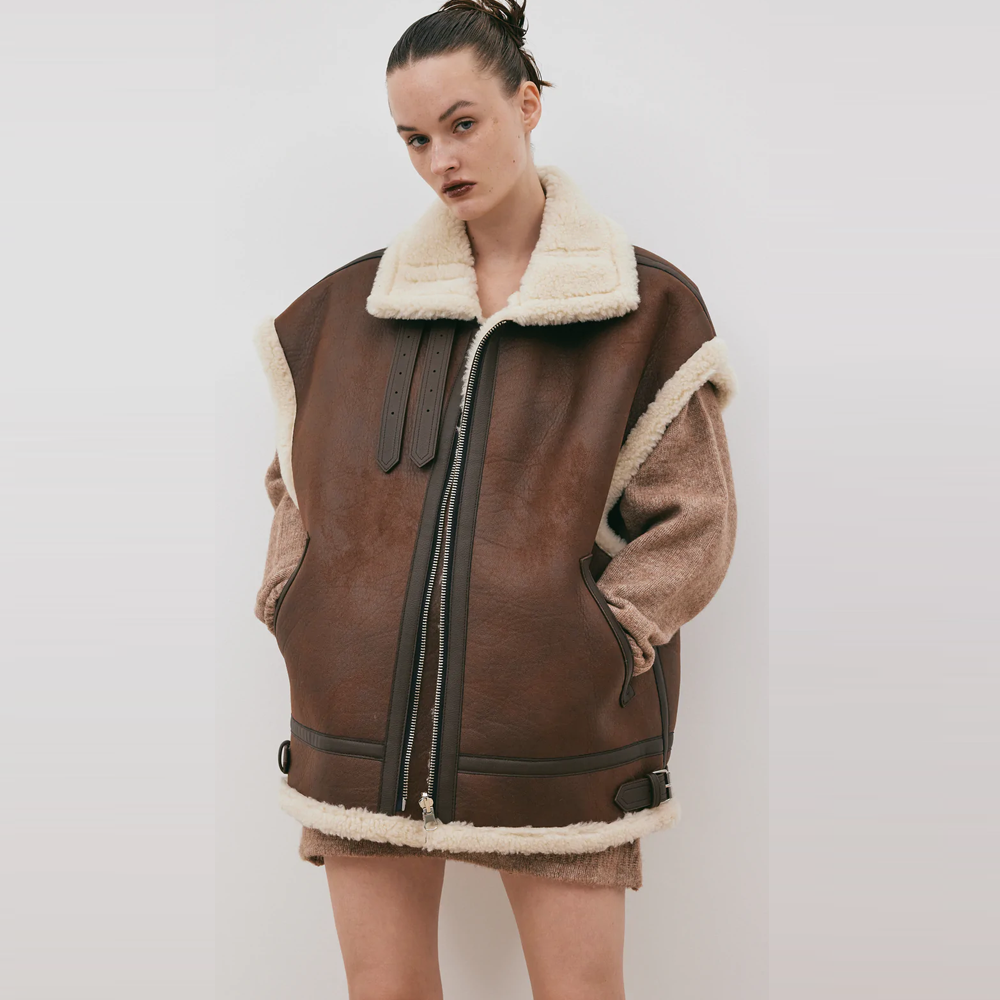 1_854710f4-dd7f-4013-9f2f-c49ff4eeca5a.png New Chocolate Brown Women Aviator Sheepskin Leather Vest - Image 1