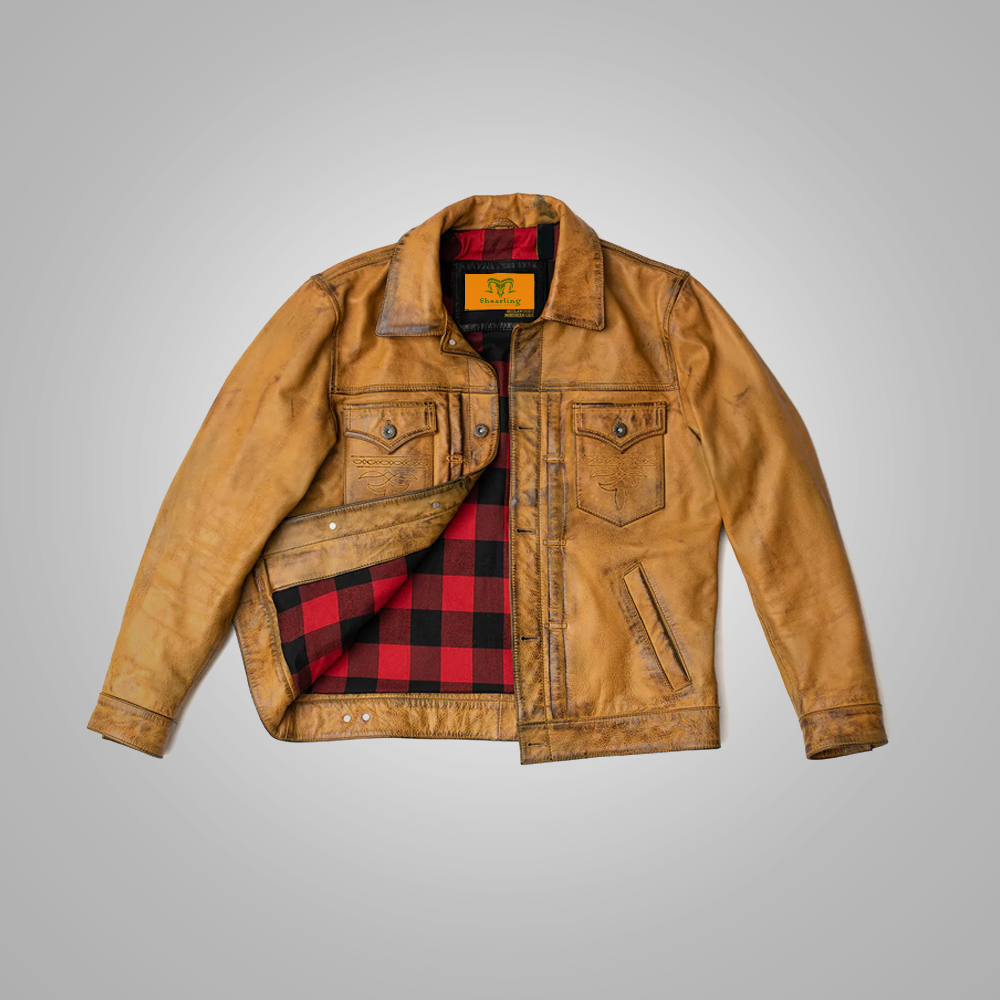 1_891cfcd9-342d-446f-9e40-3da7e492f590-1.png Mens Brown Four Button Pockets Distressed Leather Jacket - Image 1