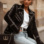 Women Style Silver Studded Black Suede Leather Jacket