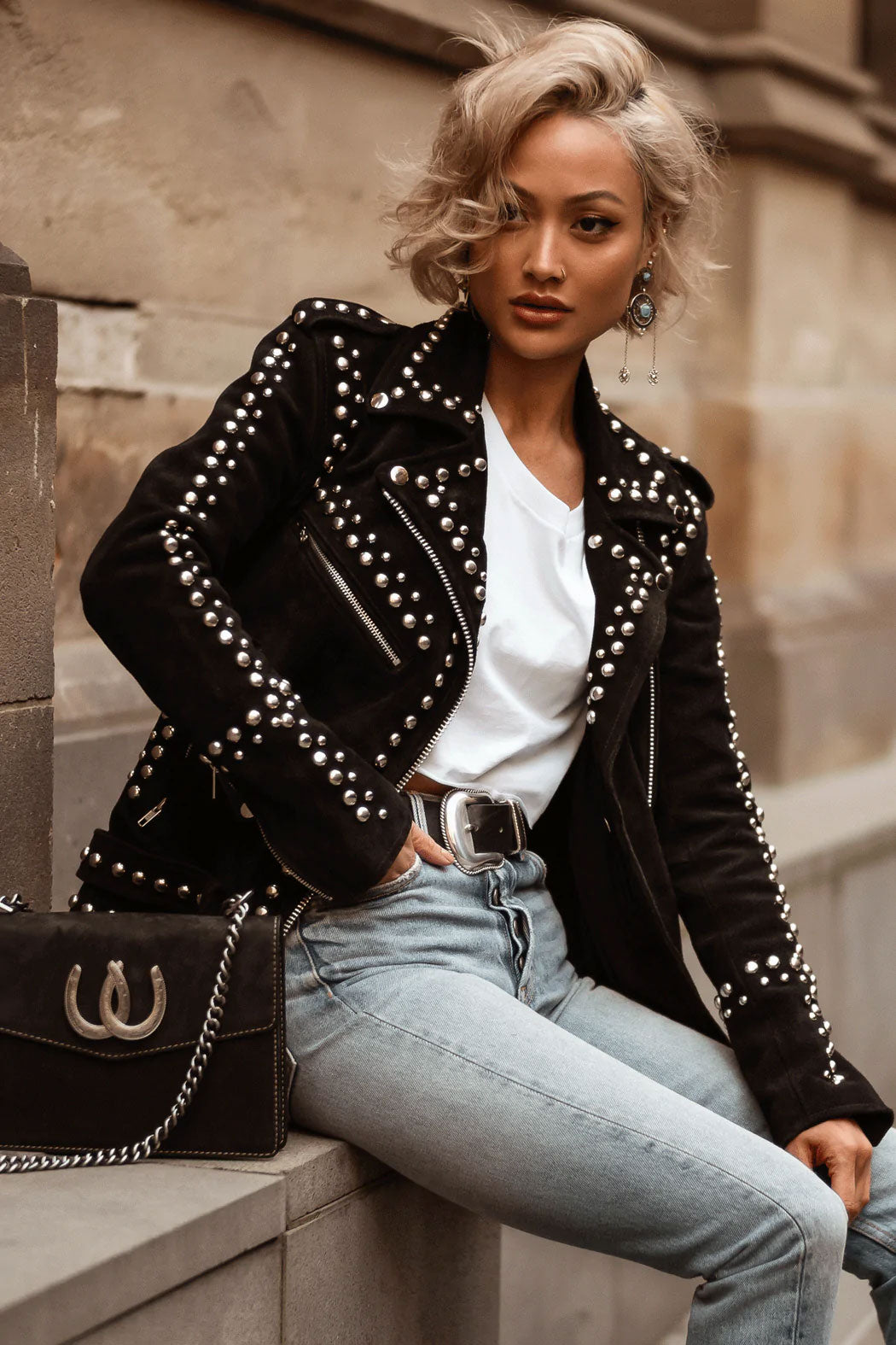 1_8c63510e-04aa-42f9-978a-b4a7db2cd2c2.jpg Women Style Silver Studded Black Suede Leather Jacket - Image 1