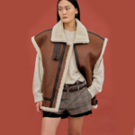Brown Women Sheepskin Shearling Aviator Leather Vest - Image 2