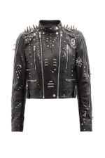 Black Women style Silver Long Spiked Studded Motorcycle Leather Jacket - Image 2
