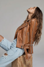 Brown Women Style Silver Spiked Studded Leather jacket - Image 2