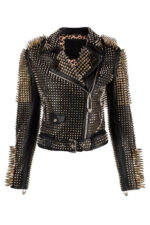 Women Black Punk Silver Long Spiked Studded Leather Biker Jacket - Image 4