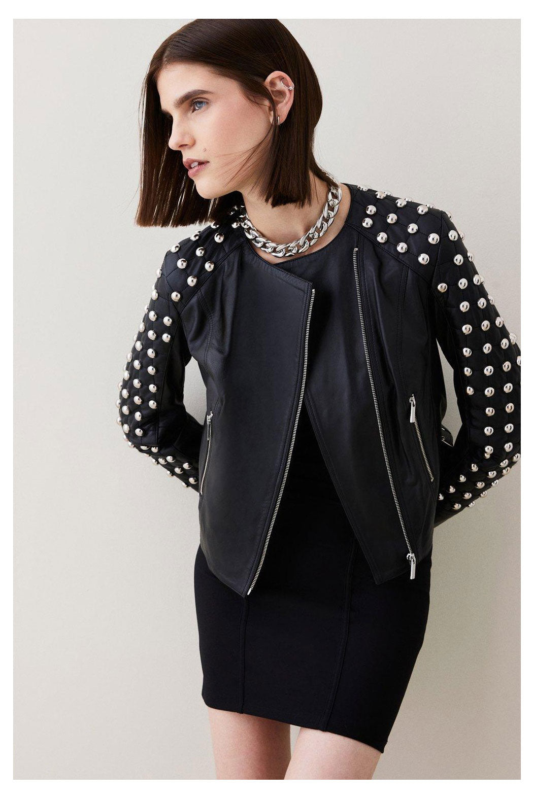 1_b1dbc411-8fbb-4674-8e0c-b10ae6b51706.jpg Black Women Style Silver Spiked Studded Leather Jacket - Image 1