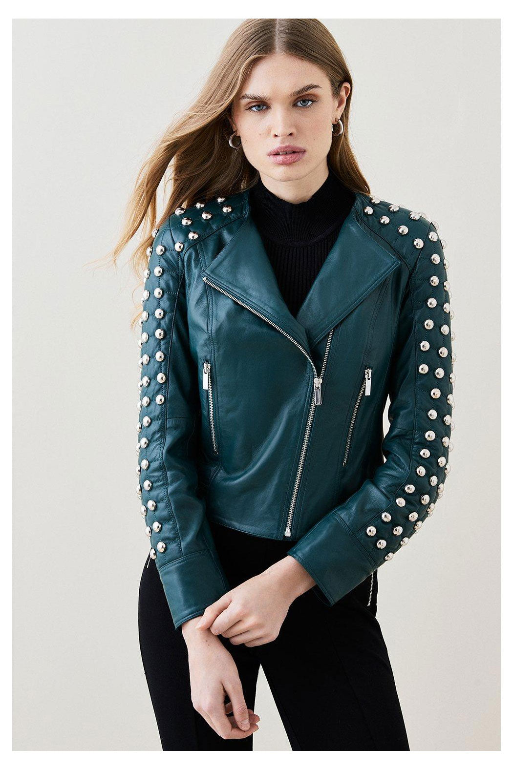 1_c38767c8-421b-457c-b950-9bc6daf12492.jpg Women Chocolat Green Style Silver Spiked Studded Retro Motorcycle Leather Jacket - Image 1