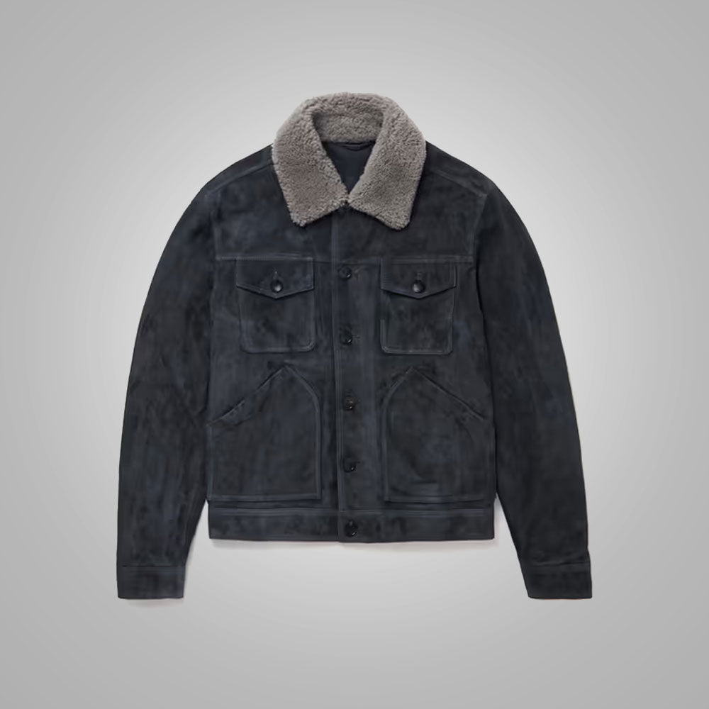 1_d8ac5145-b034-4f35-8cef-ae6d2e3c7970.jpg Mens Navy Fur Collar Suede Leather Trucker Jacket - Image 1