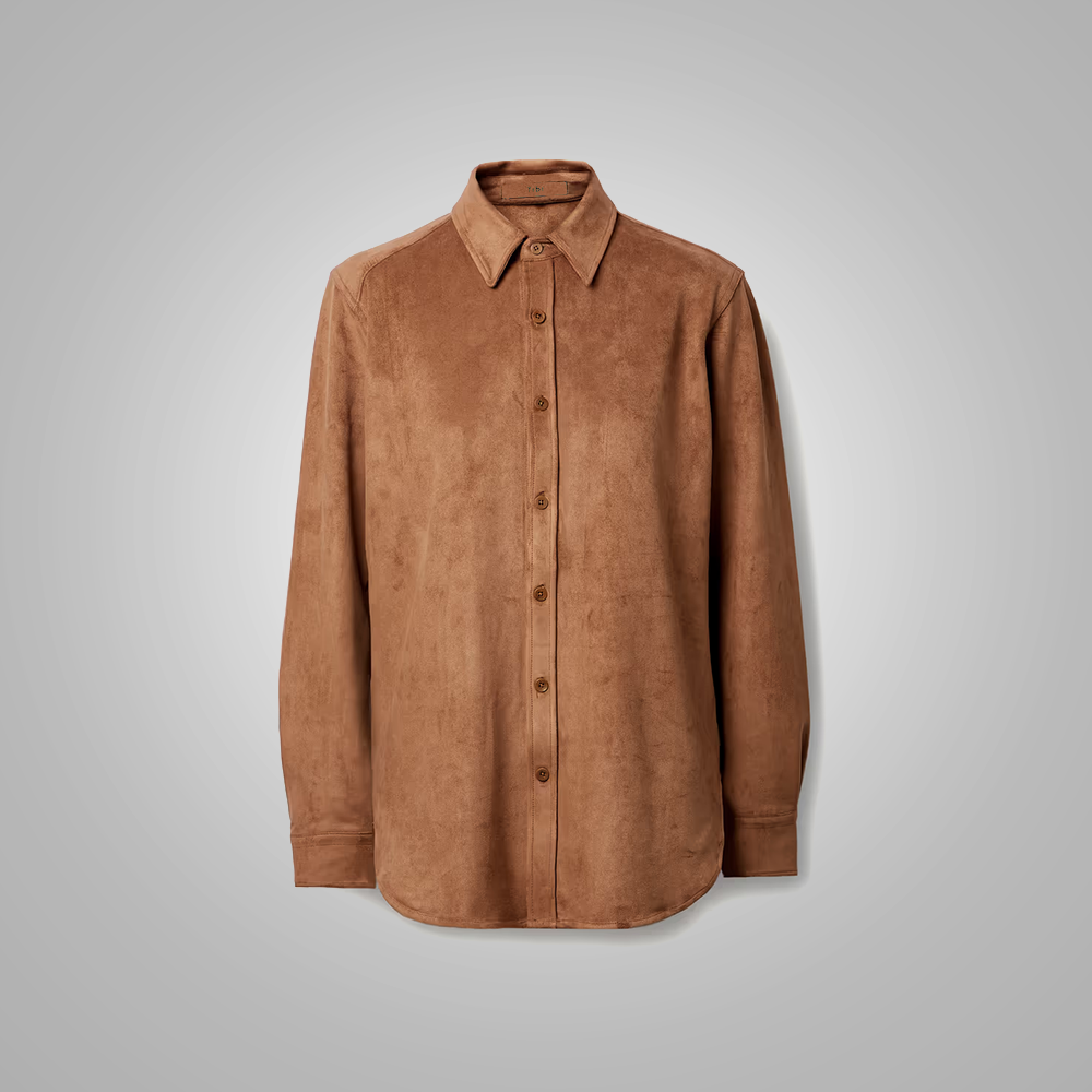 1_deb0e28a-63e8-4cc9-8ff3-dfff0750d5a8.png Women's Brown Smooth Simple Button Leather Blend Shirt - Image 1