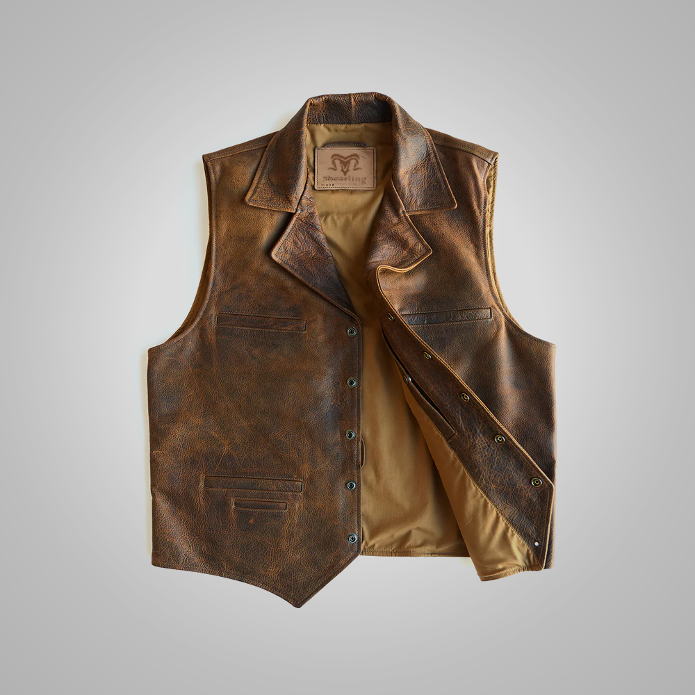 1_e04dbde1-06f9-4e50-9069-0e10164009b2.png Brown Mens Sheepskin Leather Cowboy Vest - Image 1