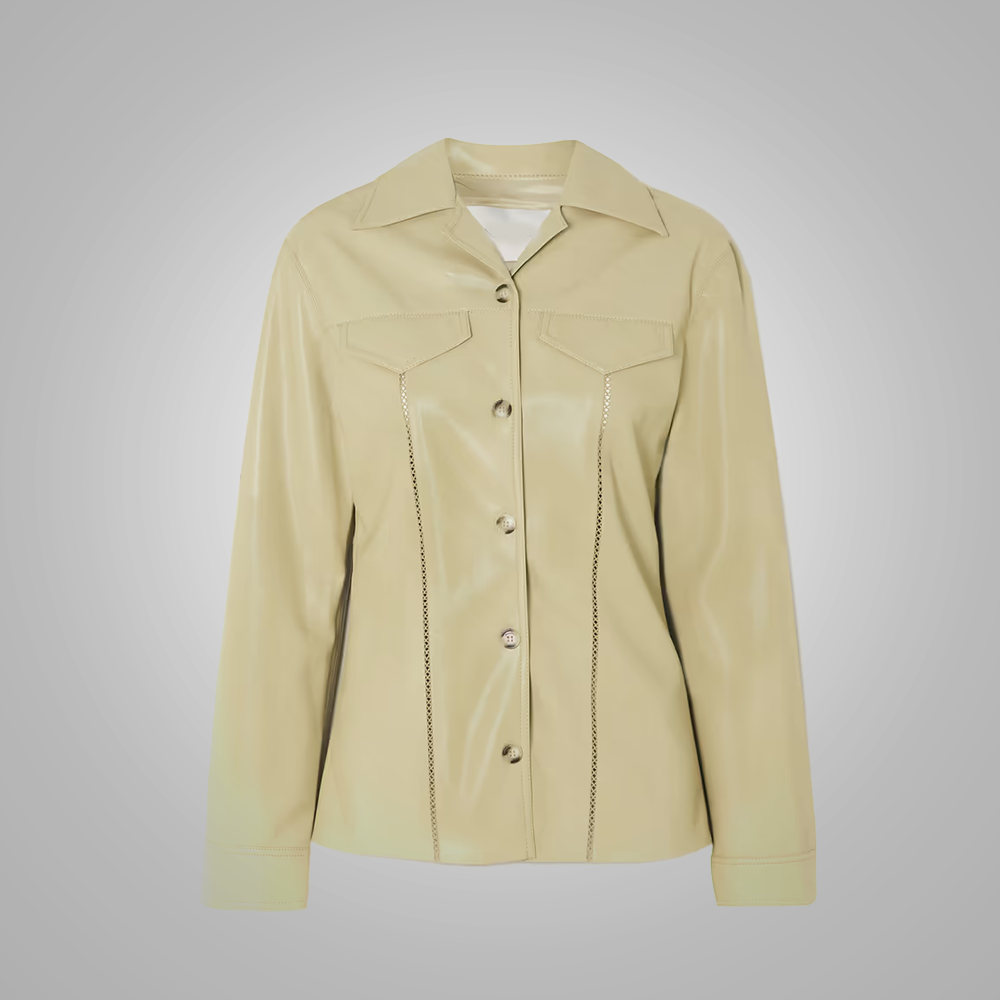 1_e5f616d6-57c8-475f-8a5a-73cbb9a79f66.png Women's Khaki Smooth Simple Button Closure Leather Shirt - Image 1
