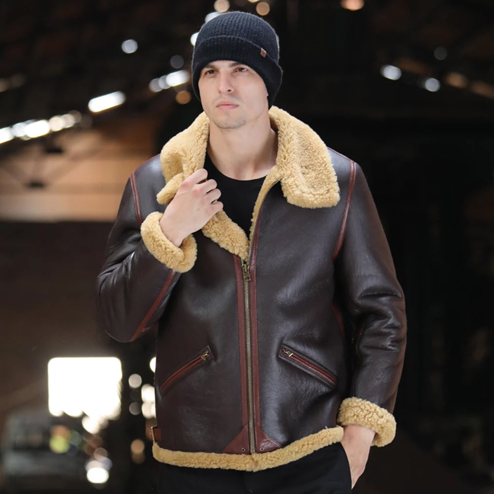 2019NewMensBrownB3ShearlingJacketBomberJacketShortLeatherJacketMensWinterCoatsFurJacket2.jpg Mens Brown B3 Shearling Leather Bomber Sheepskin Jacket Coat - Image 1