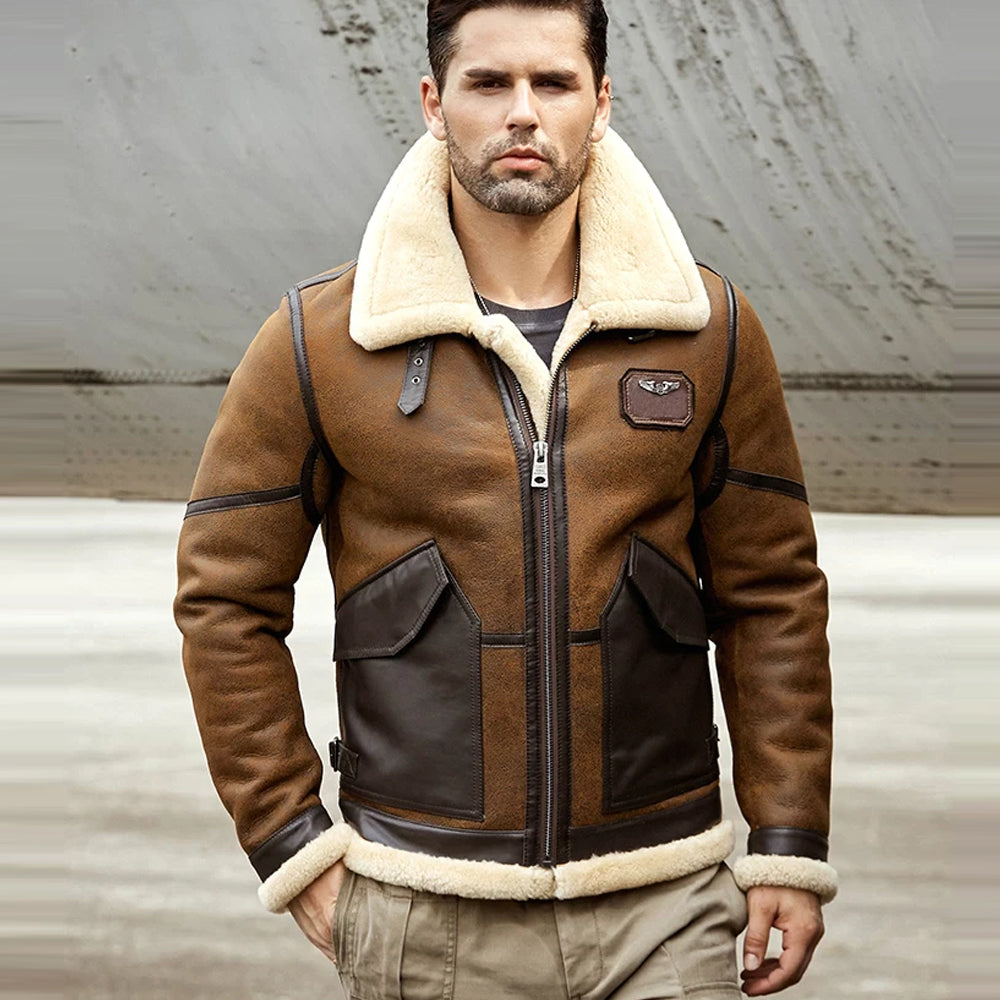 2022NewMensBrownB3ShearlingJacketSheepskinCoatLeatherJacketFurCoatAirforceFlightJacketMensWinterCoats.jpg Men 2022 B6 RAF Flight Shearling Sheepskin Leather Jacket - Image 1