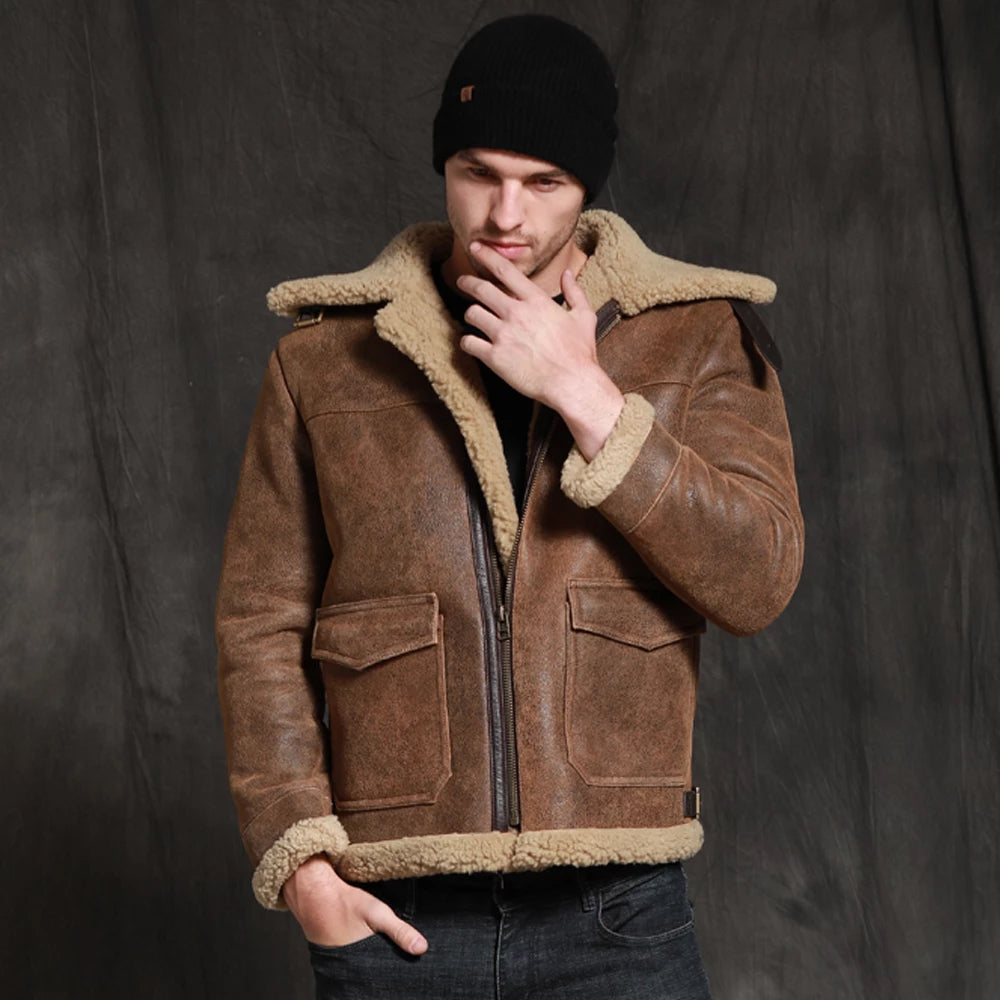 2022NewMensBrownSheepskinShearlingJacketShortLeatherJacketFurCoatThickMensWinterCoats2.jpg Mens Brown Short Sheepskin Fur Shearling Leather Jacket Coat - Image 1